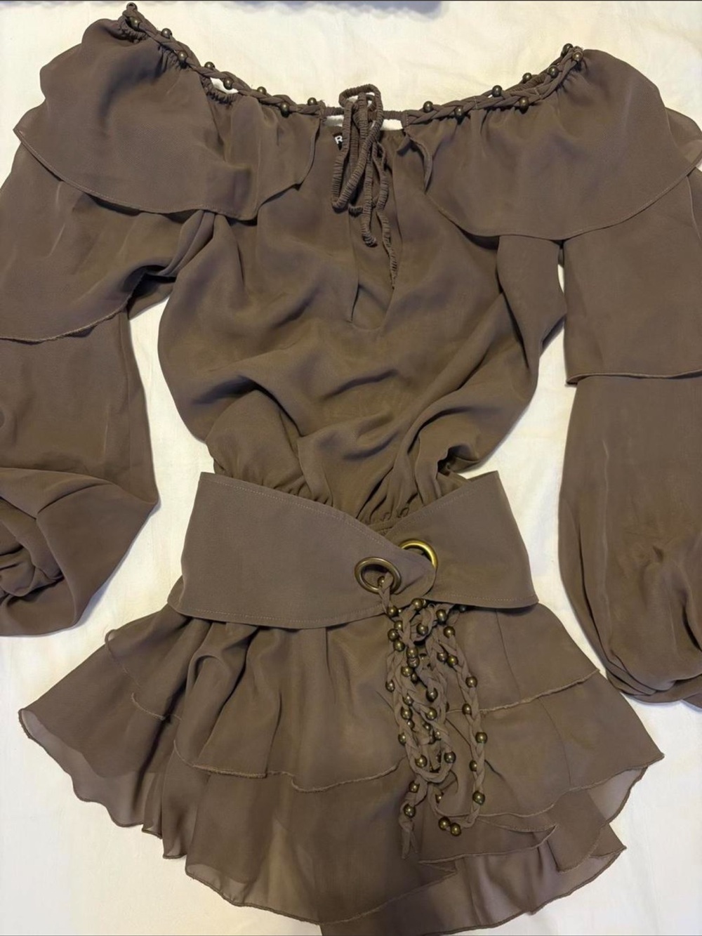 Off-Shoulder Ruffle Tiered Blouse in Taupe